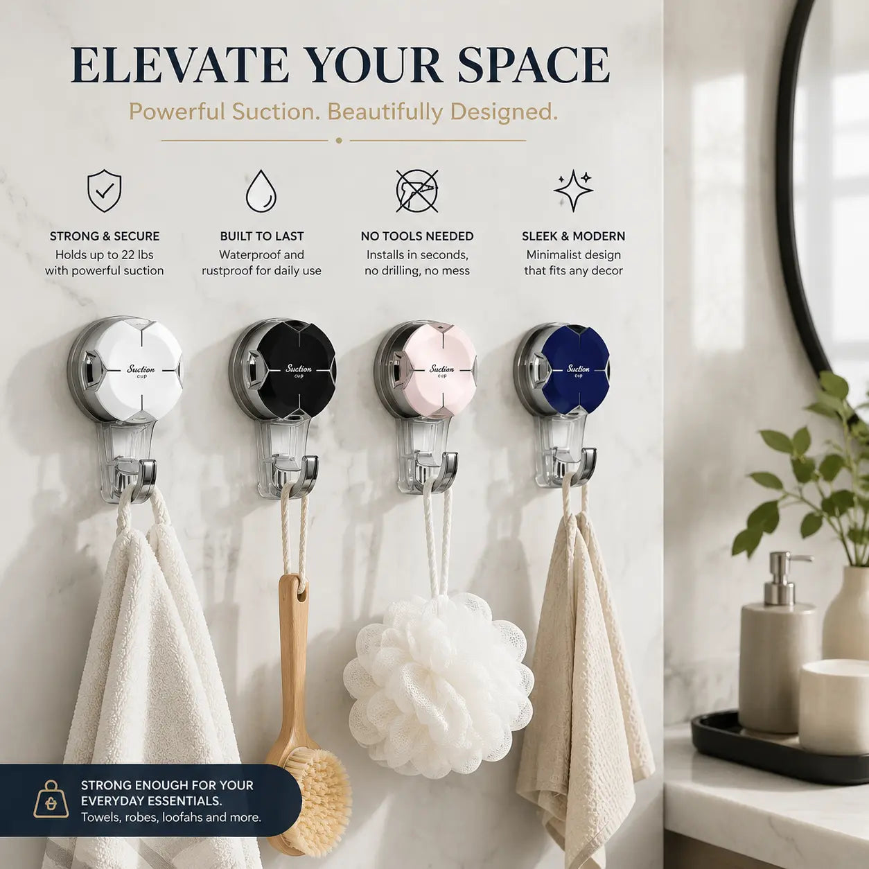 Heavy Duty Suction Cup Hooks, Strong Suction Hanger for Wreath, Shower, Window & Glass Door. Waterproof Outdoor Hooks for Bathroom Wall Hanging - Removable, No Drilling