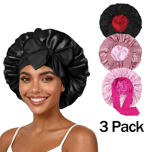 3 Pack Satin Bonnet for Sleeping – Double Layer Silk Sleep Cap with Elastic Tie Band, Soft Night Bonnet for Women, Curly Hair Protection, Heatless Curling & Silky Hair Care Summervibes