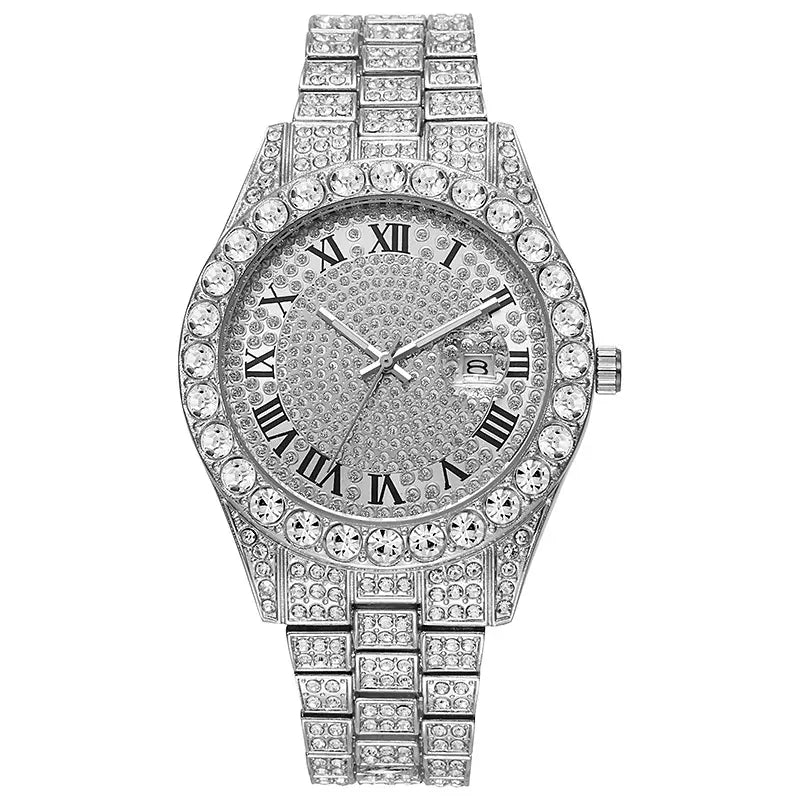 Icedoutwatch Hiphop Rhinestone Diamond Watch 10 Inches Cuban Chain Rapper Metal Band Plated Luxury Roman Numerals Timepiece Premium Trendy