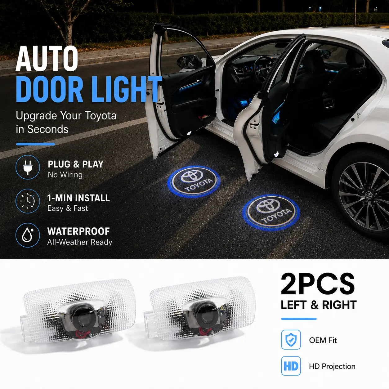 2PCS Toyota LED Door Logo Projector Lights, Plug & Play Welcome Lights, No Wiring