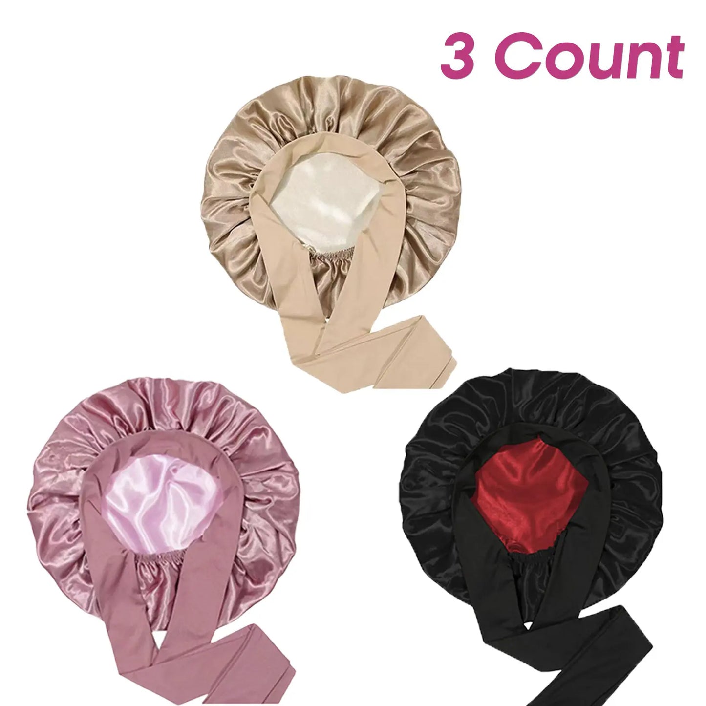3 Pack Satin Bonnet for Sleeping – Double Layer Silk Sleep Cap with Elastic Tie Band, Soft Night Bonnet for Women, Curly Hair Protection, Heatless Curling & Silky Hair Care Summervibes