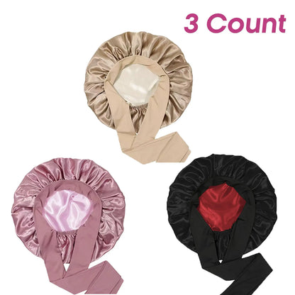 3 Pack Satin Bonnet for Sleeping – Double Layer Silk Sleep Cap with Elastic Tie Band, Soft Night Bonnet for Women, Curly Hair Protection, Heatless Curling & Silky Hair Care Summervibes