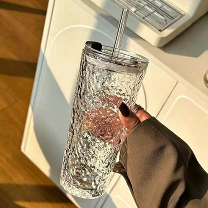 Modern Coffee Mug, Large Transparent Glass Cup with Lid and Straw, Ice Coffee and Cold Brew Container, Durable Reusable Beverage Holder