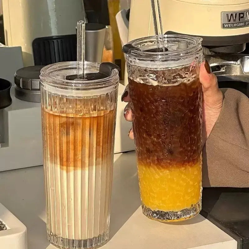 Modern Coffee Mug, Large Transparent Glass Cup with Lid and Straw, Ice Coffee and Cold Brew Container, Durable Reusable Beverage Holder