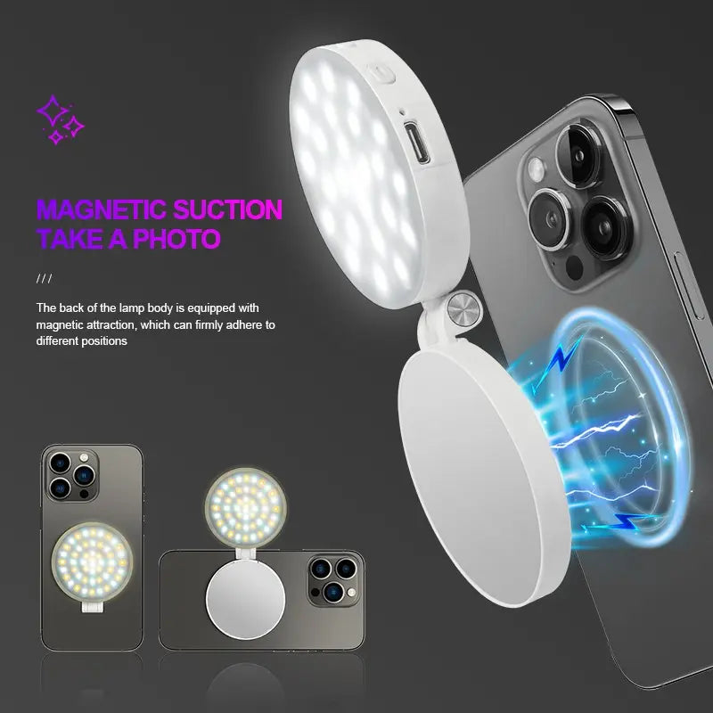 Summervibes Magsafe Magnetic Mirror Selfie Light , 360° LED Ring Light, Portable Rechargeable with Mirror & Phone Stand, 3 Light Modes, Adjustable Brightness, Compact Makeup Mirror