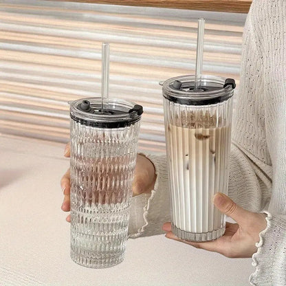 Modern Coffee Mug, Large Transparent Glass Cup with Lid and Straw, Ice Coffee and Cold Brew Container, Durable Reusable Beverage Holder