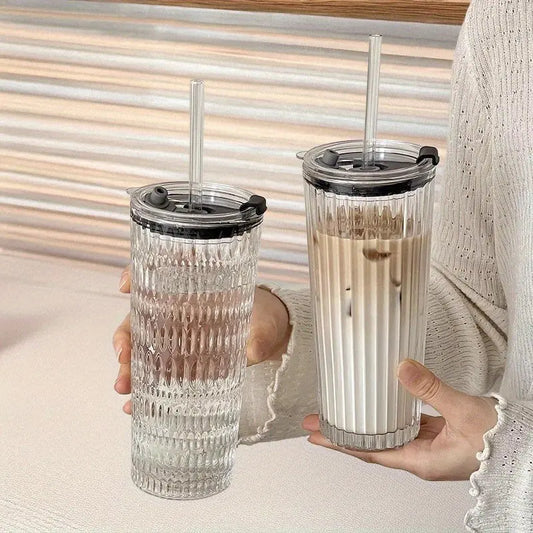 Modern Coffee Mug, Large Transparent Glass Cup with Lid and Straw, Ice Coffee and Cold Brew Container, Durable Reusable Beverage Holder