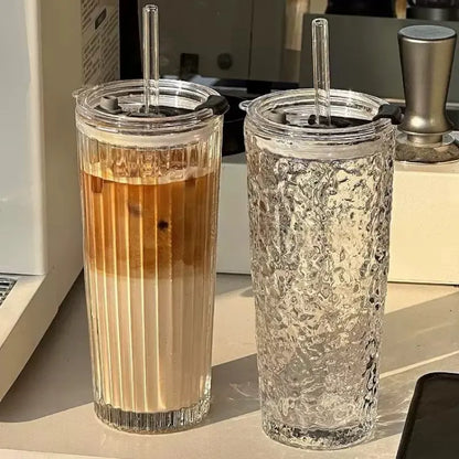 Modern Coffee Mug, Large Transparent Glass Cup with Lid and Straw, Ice Coffee and Cold Brew Container, Durable Reusable Beverage Holder