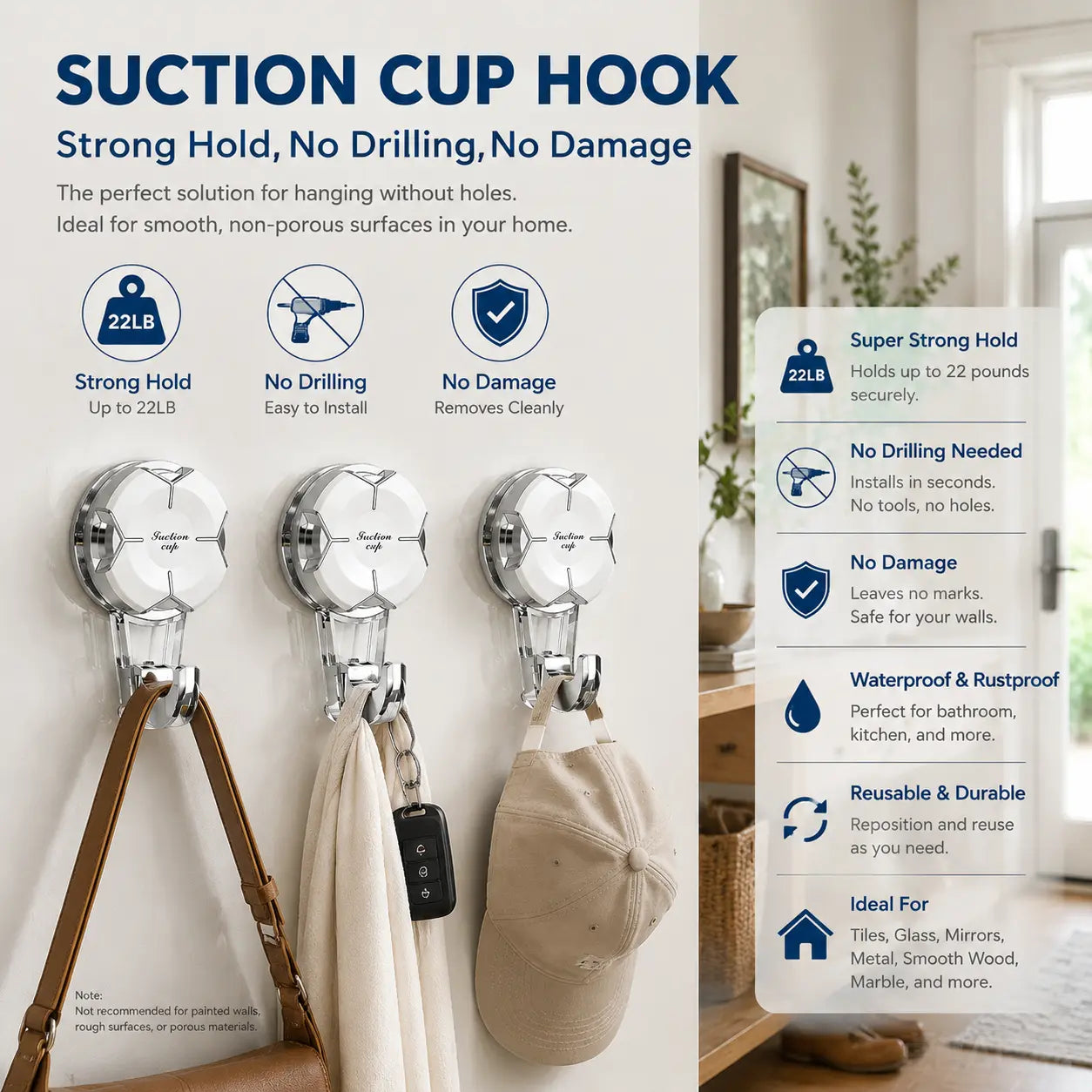 Heavy Duty Suction Cup Hooks, Strong Suction Hanger for Wreath, Shower, Window & Glass Door. Waterproof Outdoor Hooks for Bathroom Wall Hanging - Removable, No Drilling
