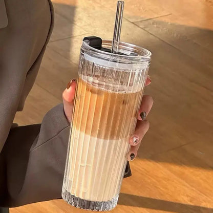 Modern Coffee Mug, Large Transparent Glass Cup with Lid and Straw, Ice Coffee and Cold Brew Container, Durable Reusable Beverage Holder