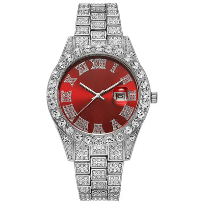 Icedoutwatch Hiphop Rhinestone Diamond Watch 10 Inches Cuban Chain Rapper Metal Band Plated Luxury Roman Numerals Timepiece Premium Trendy