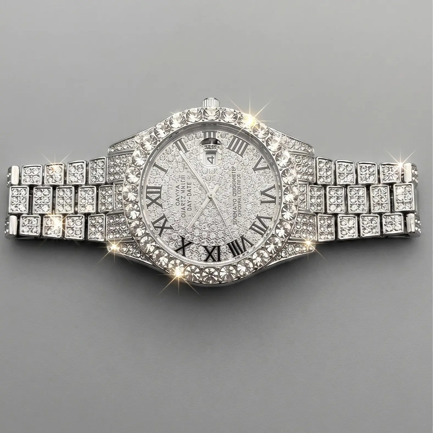 Icedoutwatch Hiphop Rhinestone Diamond Watch 10 Inches Cuban Chain Rapper Metal Band Plated Luxury Roman Numerals Timepiece Premium Trendy