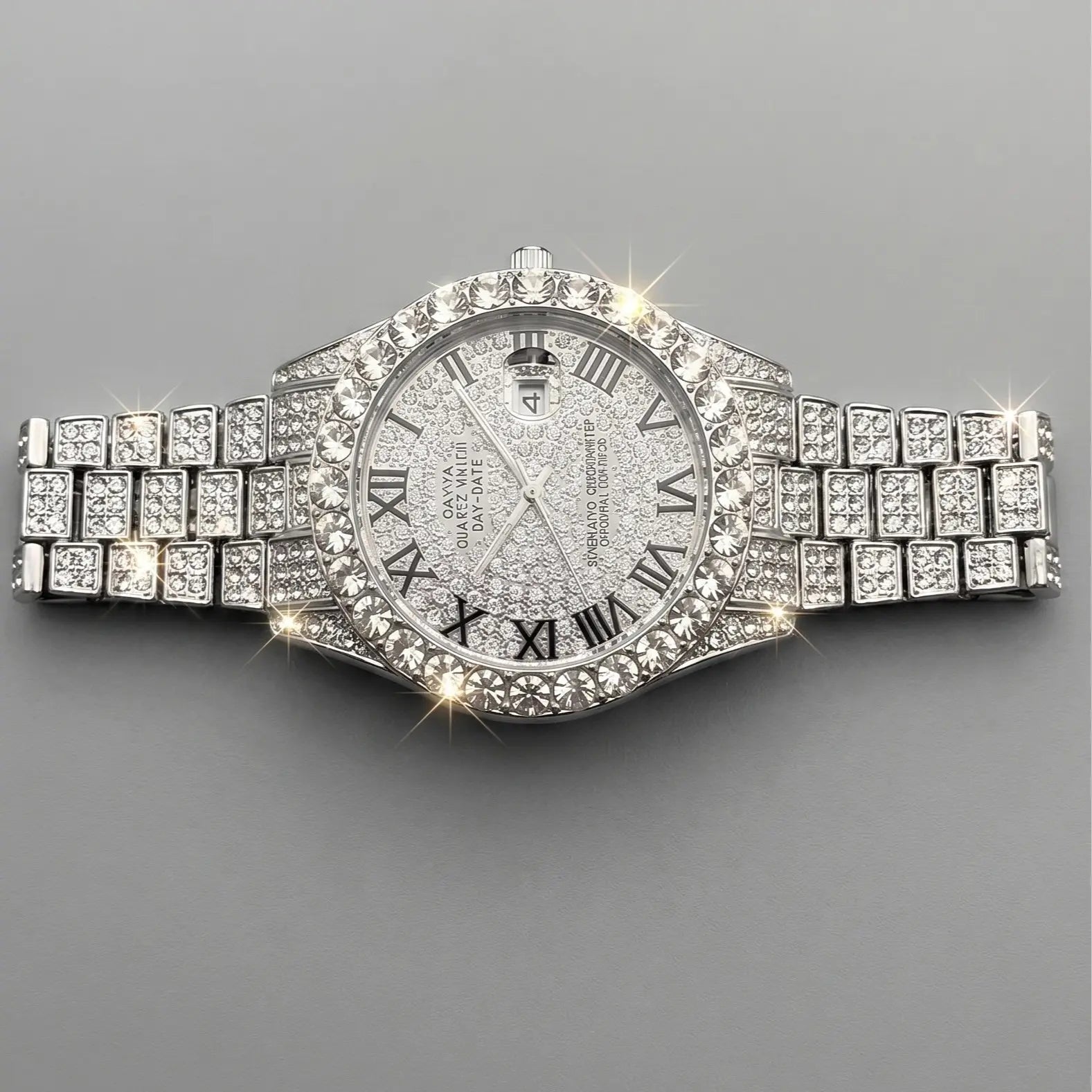 Icedoutwatch Hiphop Rhinestone Diamond Watch 10 Inches Cuban Chain Rapper Metal Band Plated Luxury Roman Numerals Timepiece Premium Trendy