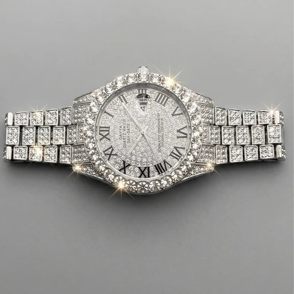 Icedoutwatch Hiphop Rhinestone Diamond Watch 10 Inches Cuban Chain Rapper Metal Band Plated Luxury Roman Numerals Timepiece Premium Trendy