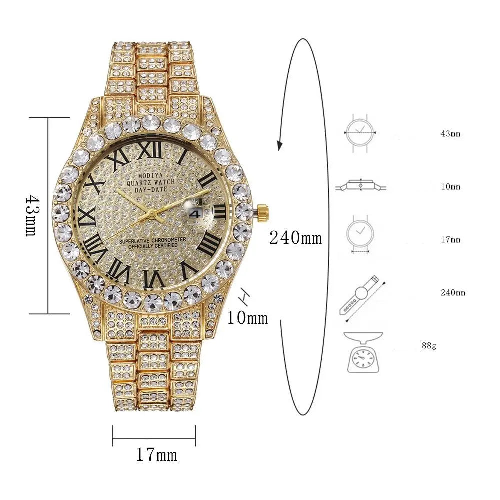 Icedoutwatch Hiphop Rhinestone Diamond Watch 10 Inches Cuban Chain Rapper Metal Band Plated Luxury Roman Numerals Timepiece Premium Trendy