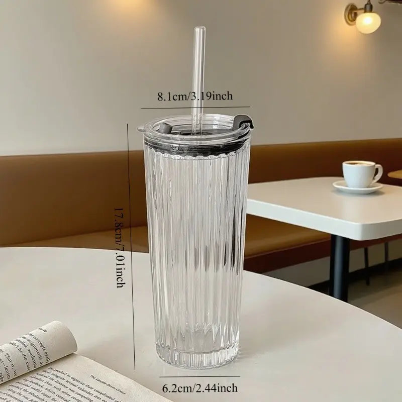Modern Coffee Mug, Large Transparent Glass Cup with Lid and Straw, Ice Coffee and Cold Brew Container, Durable Reusable Beverage Holder