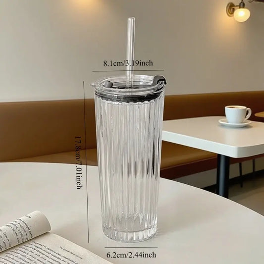 Modern Coffee Mug, Large Transparent Glass Cup with Lid and Straw, Ice Coffee and Cold Brew Container, Durable Reusable Beverage Holder