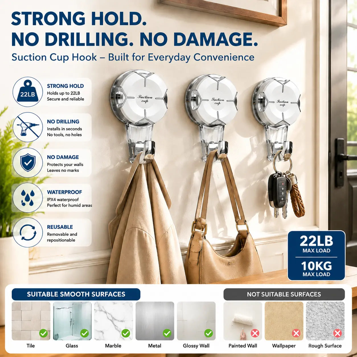 Heavy Duty Suction Cup Hooks, Strong Suction Hanger for Wreath, Shower, Window & Glass Door. Waterproof Outdoor Hooks for Bathroom Wall Hanging - Removable, No Drilling