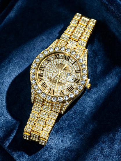 Icedoutwatch Hiphop Rhinestone Diamond Watch 10 Inches Cuban Chain Rapper Metal Band Plated Luxury Roman Numerals Timepiece Premium Trendy