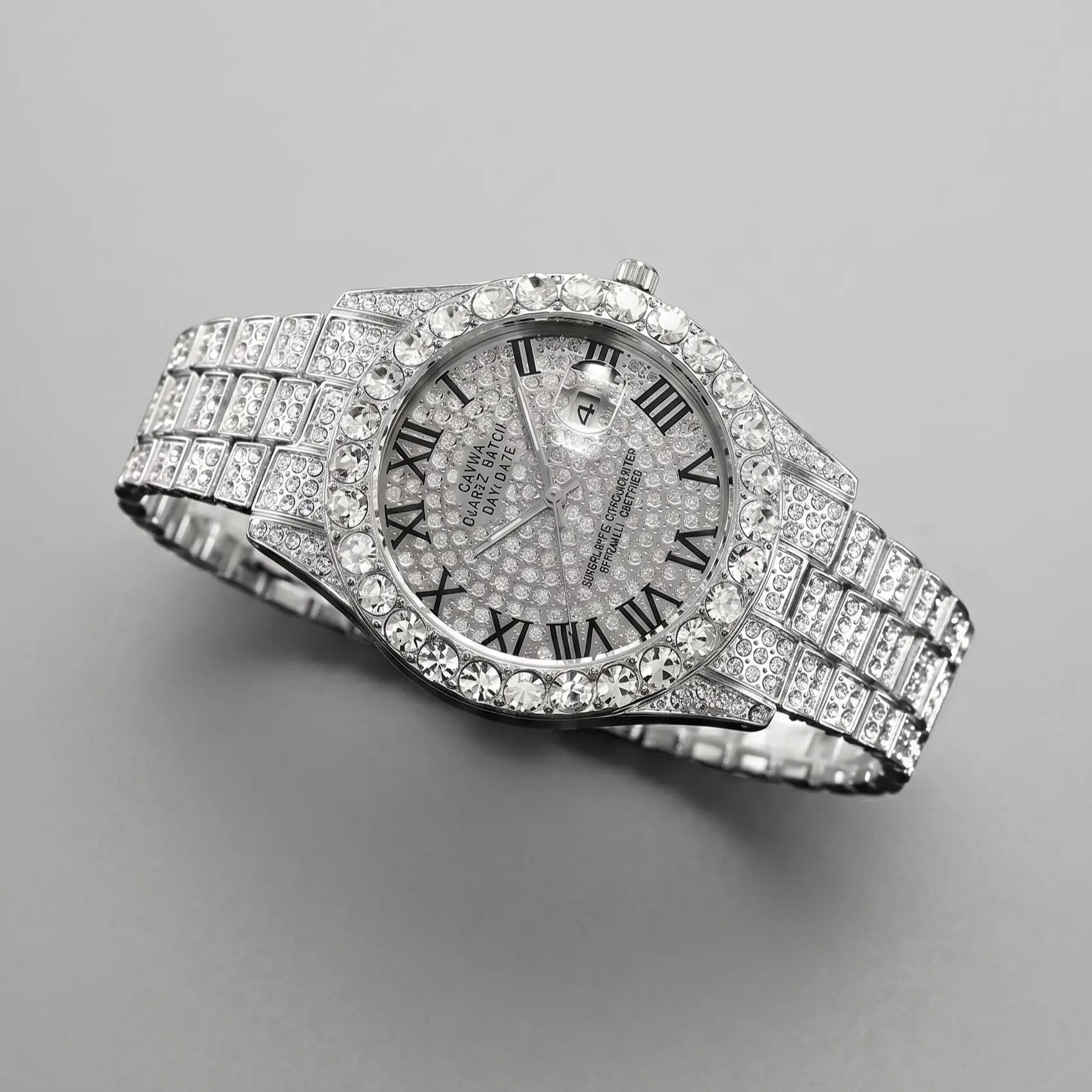 Icedoutwatch Hiphop Rhinestone Diamond Watch 10 Inches Cuban Chain Rapper Metal Band Plated Luxury Roman Numerals Timepiece Premium Trendy