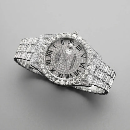 Icedoutwatch Hiphop Rhinestone Diamond Watch 10 Inches Cuban Chain Rapper Metal Band Plated Luxury Roman Numerals Timepiece Premium Trendy