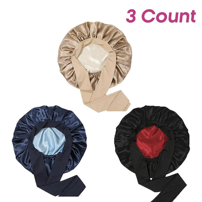 3 Pack Satin Bonnet for Sleeping – Double Layer Silk Sleep Cap with Elastic Tie Band, Soft Night Bonnet for Women, Curly Hair Protection, Heatless Curling & Silky Hair Care Summervibes