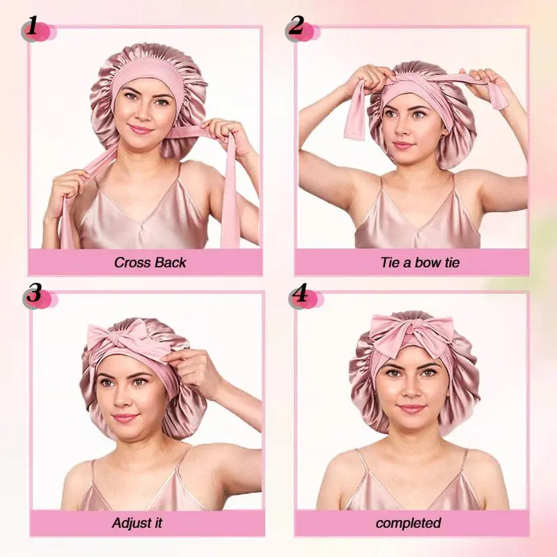 3 Pack Satin Bonnet for Sleeping – Double Layer Silk Sleep Cap with Elastic Tie Band, Soft Night Bonnet for Women, Curly Hair Protection, Heatless Curling & Silky Hair Care Summervibes