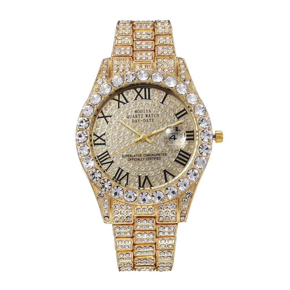 Icedoutwatch Hiphop Rhinestone Diamond Watch 10 Inches Cuban Chain Rapper Metal Band Plated Luxury Roman Numerals Timepiece Premium Trendy