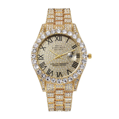 Icedoutwatch Hiphop Rhinestone Diamond Watch 10 Inches Cuban Chain Rapper Metal Band Plated Luxury Roman Numerals Timepiece Premium Trendy
