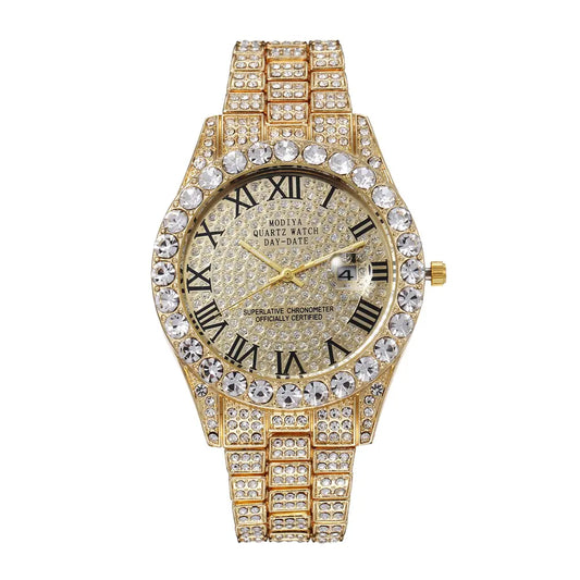 Icedoutwatch Hiphop Rhinestone Diamond Watch 10 Inches Cuban Chain Rapper Metal Band Plated Luxury Roman Numerals Timepiece Premium Trendy