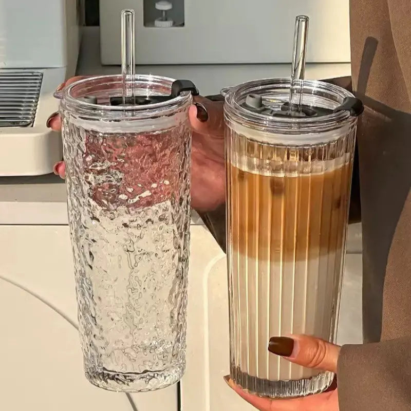 Modern Coffee Mug, Large Transparent Glass Cup with Lid and Straw, Ice Coffee and Cold Brew Container, Durable Reusable Beverage Holder